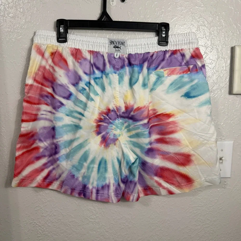 Spicy Tuna Mens Tie Dye Swim Trunks Multi Color Mesh Lined Board Shorts XL